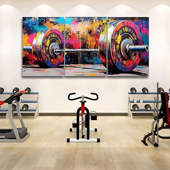 sawjug Gym Barbell Wall Decor, Colorful Graffiti Canvas Wall Art, Gym Motivational Wall Art, Colorful Pictures Wall Decor, Wall Painting for Living Room, Bedroom (16" x 24" x 3 pcs)