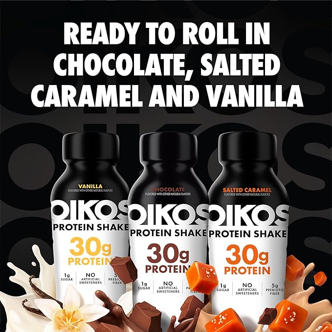 Oikos Protein Shake, Exclusive Variety Pack, 30g High Protein Drinks, Shelf Stable, Ready to Drink, 5g Prebiotic Fiber, 12 fl oz Bottle (4 ct Chocolate, 4 ct Vanilla, 4 ct Salted Caramel)