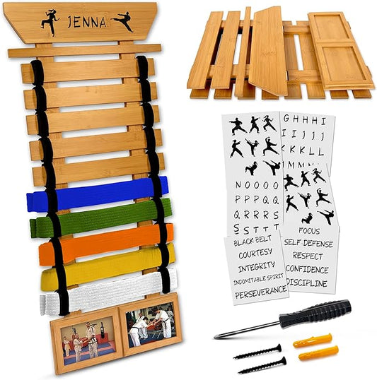 Karate Belt Display Rack - Bamboo 10 Taekwondo Belt Display with Customization Stickers, 2 Picture Frames, Self-Adhesive Adjustable Strips & Hanging Kit Taekwondo Gifts