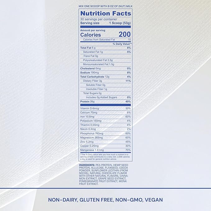 Blueprint Bryan Johnson Chocolate Protein Powder – Vegan Plant-Based Supplement with Cocoa Powder – Clean Ingredients – 26g Protein per Serving – Non-GMO – 30 Servings