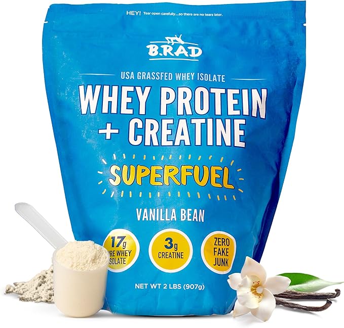 B.rad Superfuel - Grass Fed Whey Protein Isolate Boosted with Creatine | Ultra-Pure, All-Natural Clean Ingredients | 2 Pounds | 100% USA Sourced | Vanilla Bean