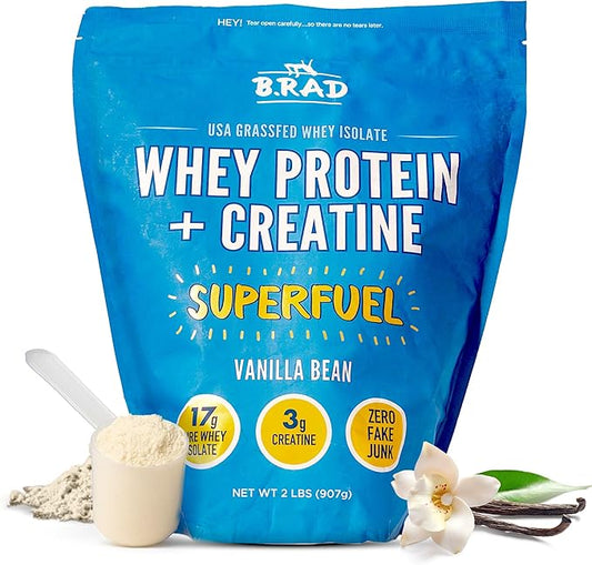 B.rad Superfuel - Grass Fed Whey Protein Isolate Boosted with Creatine | Ultra-Pure, All-Natural Clean Ingredients | 2 Pounds | 100% USA Sourced | Vanilla Bean
