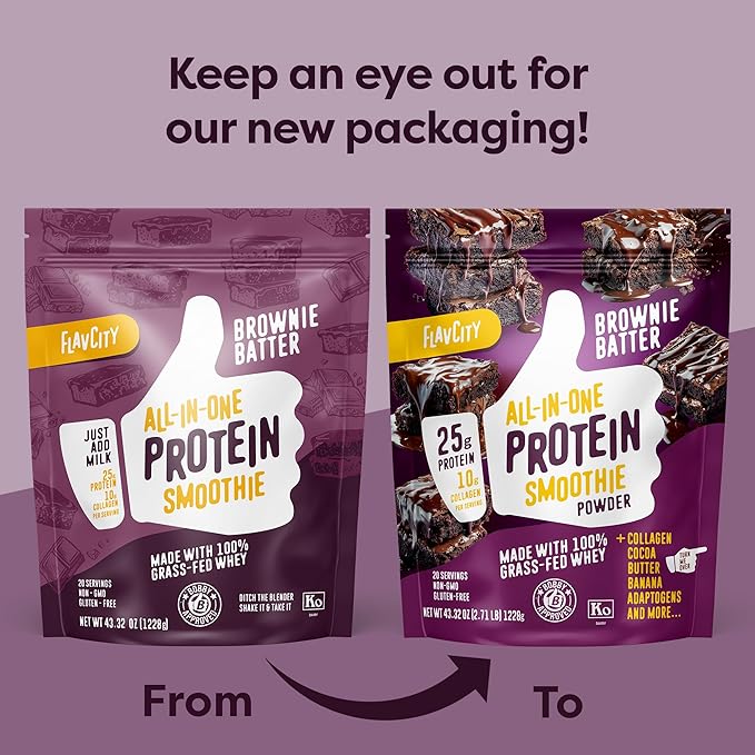 FlavCity Grass Fed Whey Chocolate Protein Powder - Brownie Batter - 25g Protein & 10g Collagen - Made with Organic Cocoa & Coconut Milk - Gluten Free & No Added Sugars (20 Servings)