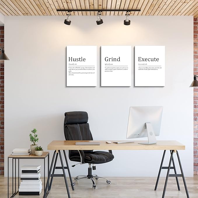 Hustle Grind Execute, Inspirational Wall Decor Art - Framed Canvas Office Decor, Quote Poster, Office Wall Art, White Large Poster, Positive Motivational Wall Art, 12x16inchx3pcs
