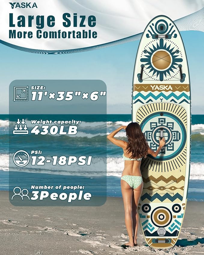 YASKA Inflatable Stand Up Paddle Board - 11ft Extra Wide Paddleboard with Premium SUP Board Accessories,Camera Mount,Non-Slip EVA Deck,5 Handles,Youth/Adult