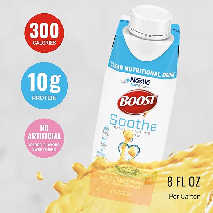 BOOST Soothe Clear Nutritional Drink – Cooling sensation - 300 Calories - 10 g Protein from Whey Protein Isolate - Hint of Strawberry Kiwi Flavor - 8 fl oz (Pack of 24)