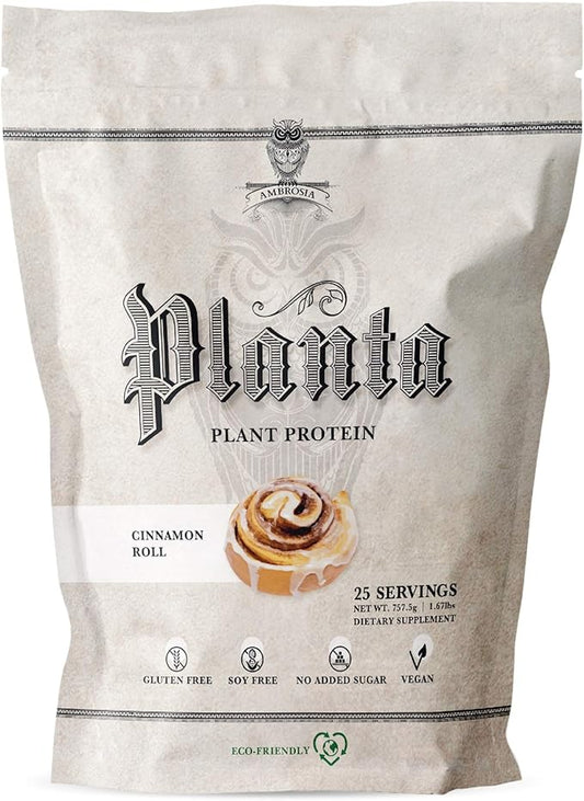 Ambrosia Planta - Premium Organic Plant-Based Protein | Vegan & Keto Friendly | Gourmet Flavors with No Bloating or Stomach Upset | Gluten & Soy Free | No Added Sugar | 25 Servings | Cinnamon Roll