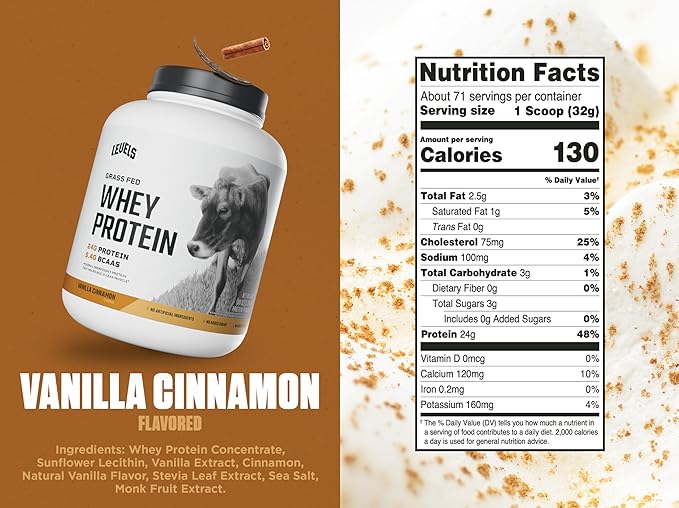 Levels Grass Fed Whey Protein Powder, No Artificials, 24G of Protein, Vanilla Cinnamon, 5LB
