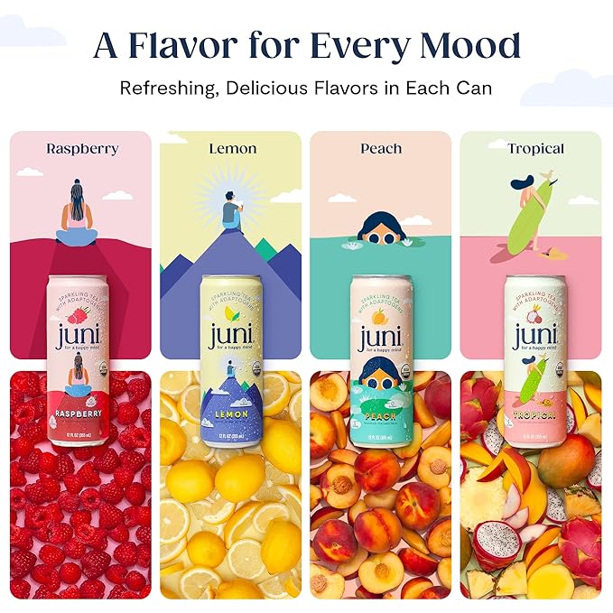 Juni Sparkling Adaptogen Drink with Ashwagandha, Lion’s Mane & Reishi Mushrooms | Green Tea for Focus, Zero Sugar, 5 Calories, Organic | Non Alcoholic Drinks - Tropical 12 pack