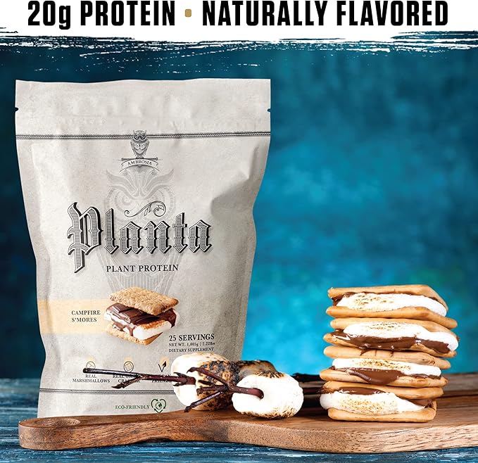 Ambrosia Planta - Premium Organic Plant-Based Protein | Vegan & Keto Friendly | Gourmet Flavors with No Bloating or Stomach Upset | Gluten & Soy Free | No Added Sugar | 25 Servings | Campfire Smores