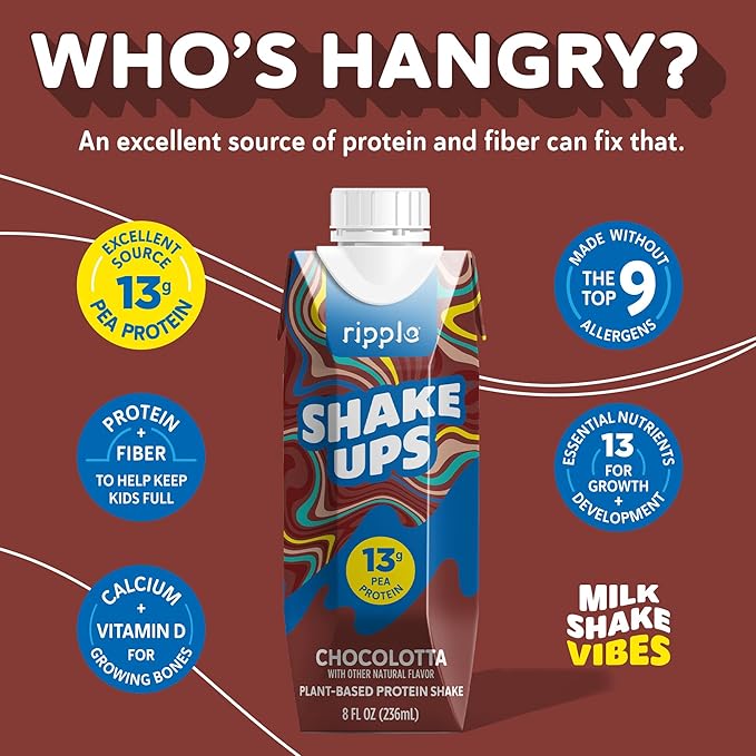 Ripple Kids Chocolate Plant Based Shake Ups | 13g of Quality Sourced Pea Protein, Calcium Rich | Shelf Stable | Vegan & Non GMO | Dairy, Soy, Nut, Gluten & Lactose Free | 8 Fl Oz Cartons (Pack of 12)