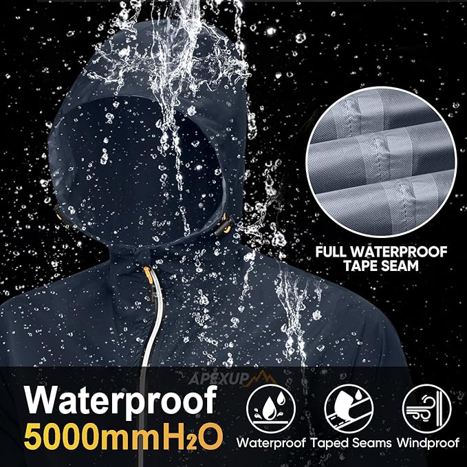 APEXUP Packable Rain Jacket Men with Reflective Zipper, Lightweight Waterproof Raincoat, Mens Rain Jacket for Outdoor Sports