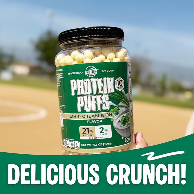 Twin Peaks Protein Puffs - (Sour Cream & Onion), Keto Friendly, Low Carb Snack (300g, 21g Protein, 2g Net Carbs, High Protein, Healthy Crunchy Snack)