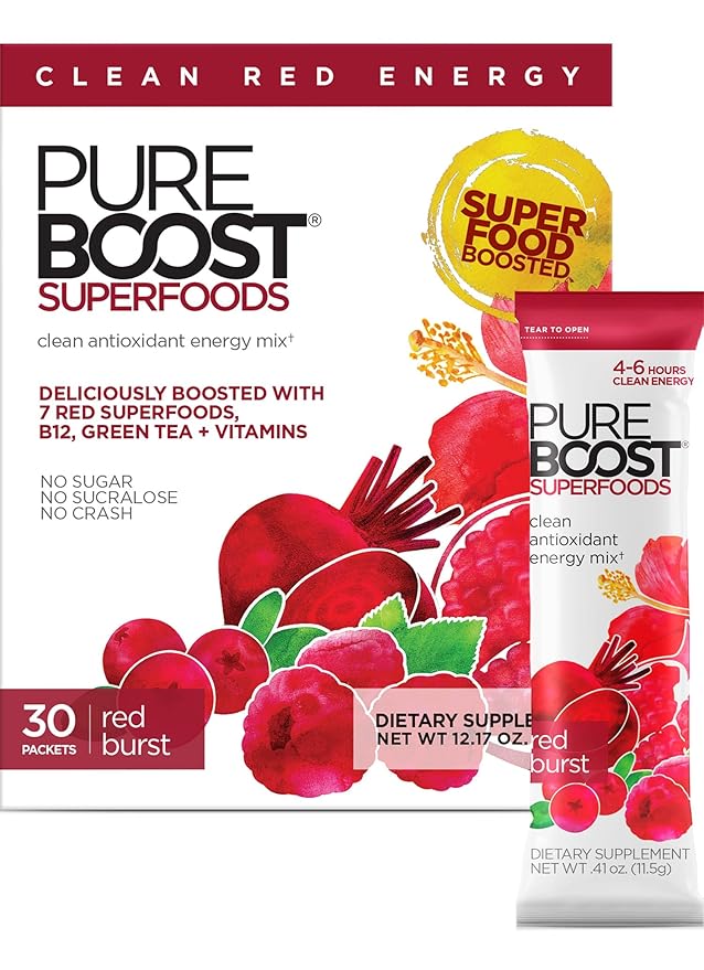 Pureboost Superfoods Clean Energy Booster, Refreshing Energy Drink Mix with 7 Organic Red Superfoods; Beet, Hibiscus, Pomegranate and Vitamins. Sugar-Free, No Sucralose (Red Burst, 30 Count)