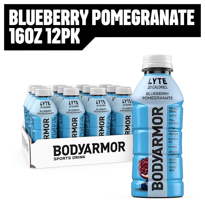 BODYARMOR LYTE Sports Drink Low-Calorie Sports Beverage, Blueberry Pomegranate, Coconut Water Hydration, Natural Flavors With Vitamins, Potassium-Packed Electrolytes, Perfect For Athletes, 16 Fl Oz (Pack of 12)