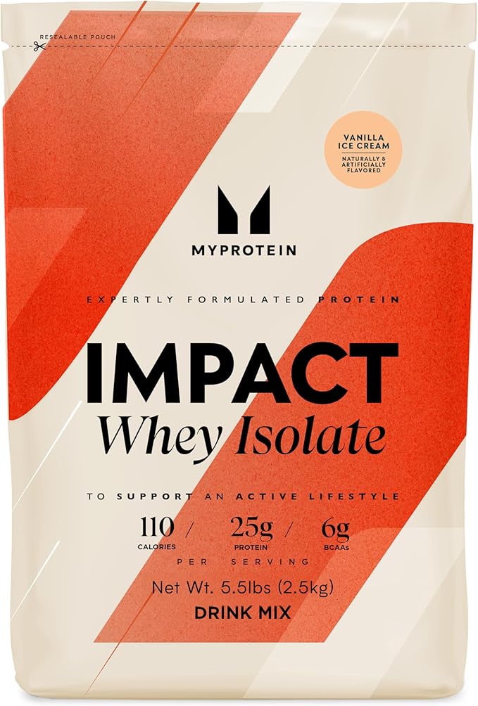 Myprotein Impact Whey Protein Isolate, 5.5 Lbs (81 Servings) Vanilla, 25g Protein, 3.5g Glutamine & 4.5g BCAA Per Serving, Protein Shake for Muscle Strength & Recovery