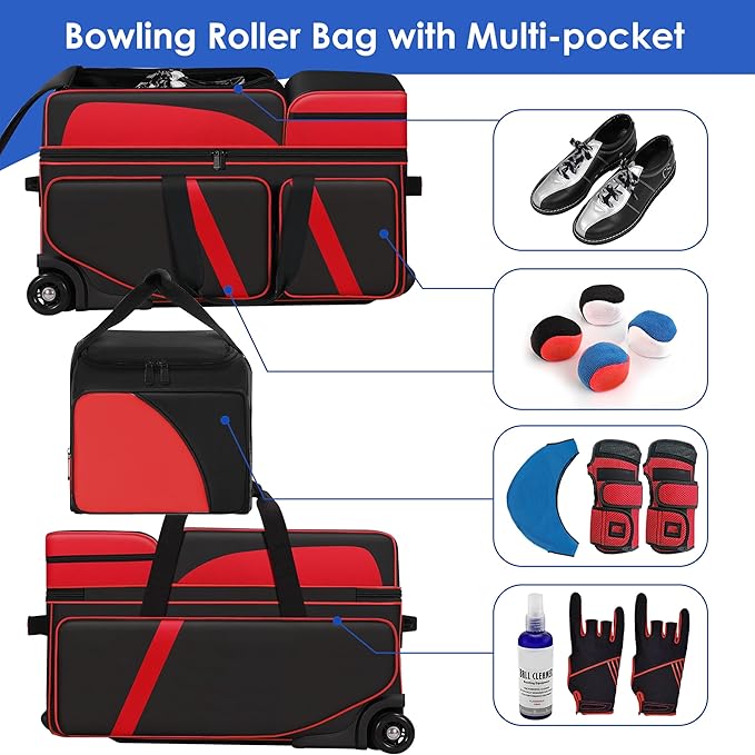 4 Ball Bowling Bag with Wheels, Bowling Bag 4 Ball Roller with Multi-pocket & Shoe Compartment & Retractable Handle, 3 Ball Roller Bag + 1 Ball Color Matching Add On Tote