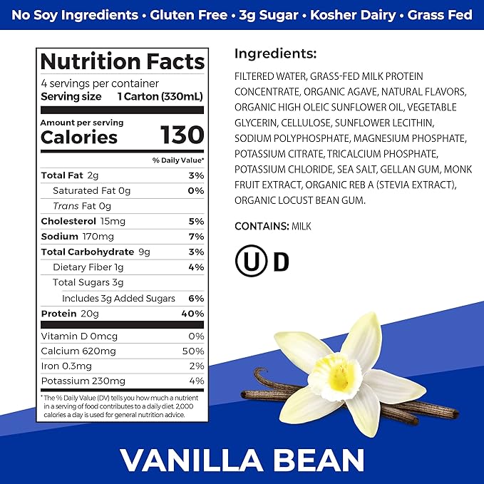 Orgain Clean Protein Shake, Grass Fed Dairy, Vanilla Bean - 20g Whey High Protein, Kosher, Ready to Drink, Low Net Carbs, Gluten Free, No Soy Ingredients, 11 Fl Oz (Pack of 4)