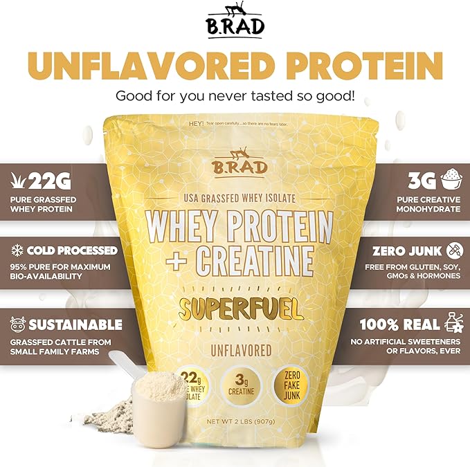 B.rad Superfuel - Grass Fed Whey Protein Isolate Boosted with Creatine | Ultra-Pure, All-Natural Clean Ingredients | 2 Pounds | 100% USA Sourced | Unflavored