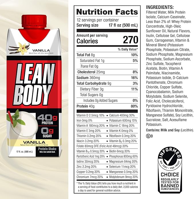 Lean Body Ready-to-Drink Vanilla Protein Shake, 40g Protein, Whey Blend, 0 Sugar, Gluten Free, 22 Vitamins & Minerals, 17 Fl Oz (Pack of 12) LABRADA