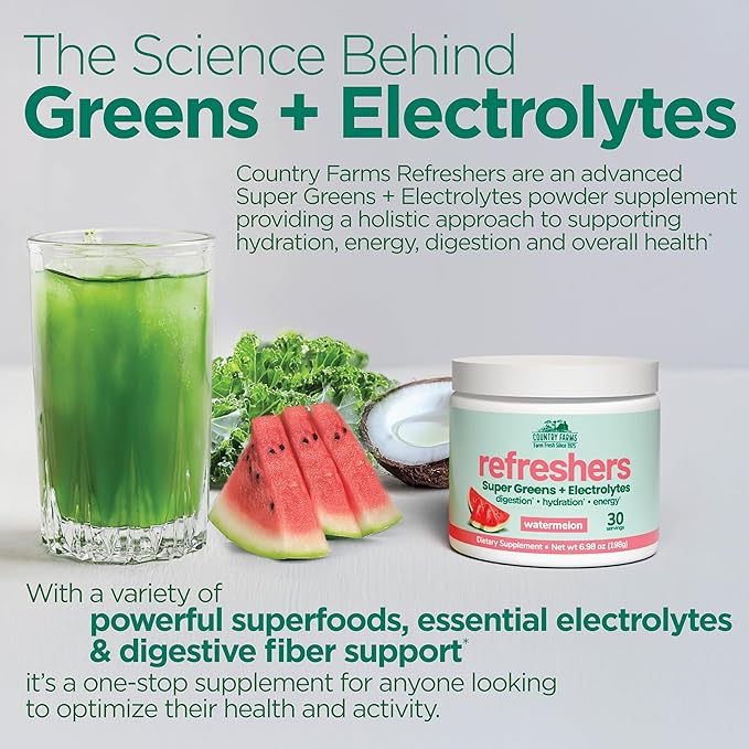COUNTRY FARMS Refreshers, Super Greens and Electrolytes, Essential Minerals and Superfoods, Hydration Support, Promotes Natural Energy, with Fiber, Watermelon, 30 Servings