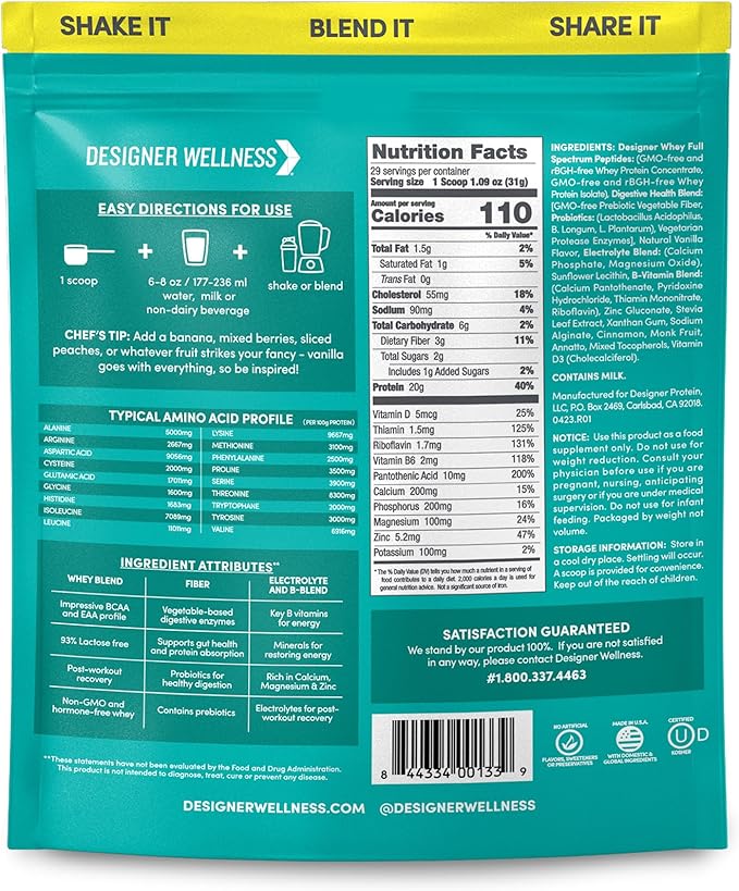 Designer Wellness, Designer Whey, Natural Whey Protein Powder with Probiotics, Fiber, and Key B-Vitamins for Energy, Gluten-Free, French Vanilla, 2 lb