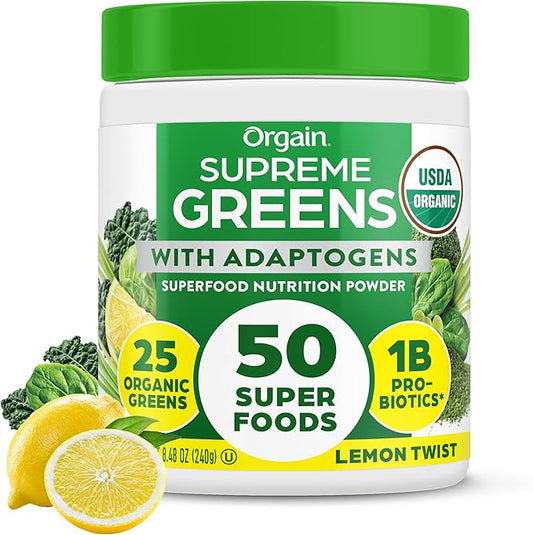 Orgain Supreme Greens Powder with 25 Organic Greens, 50 Superfoods, 1 Billion Probiotics, and Adaptogens, Vegan Greens for Gut Health and Immune Support, 1.5 Servings of Fruit and Veggies, Lemon Twist