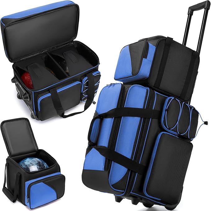 3 Ball Bowling Bag with Wheels, Bowling Bag 3 Ball Roller with Separate Shoe Compartment and Accessory Pocket, 2 Ball Roller Bag Plus Single Ball Tote