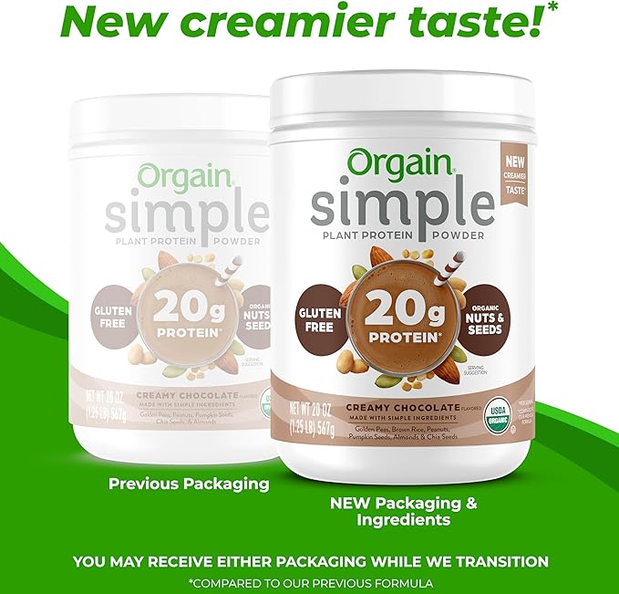Orgain Organic Simple Vegan Protein Powder, Chocolate - 20g Plant Based Protein, Made with less Ingredients, No Artificial Sweeteners, Gluten Free, No Dairy or Lactose, 1.25 lb (Packaging May Vary)