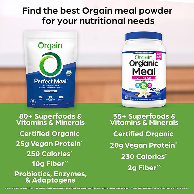Orgain Perfect Meal, Organic, Vegan Meal Replacement Protein Powder, Vanilla - 25g Plant Based Protein, 80+ Superfoods, 1B Probiotics & 10g Fiber, Adaptogens & Ashwagandha - 2.16lb