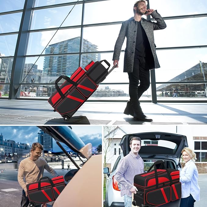 4 Ball Bowling Bags with Wheels, Bowling Ball Bag with Multi-Pockets,4 Ball Bowling Bag with Secure Buckle Fixed Ball Cup & Shoe Compartment,3 Ball Bowling Bag+1 Ball Color Matching Add On Tote