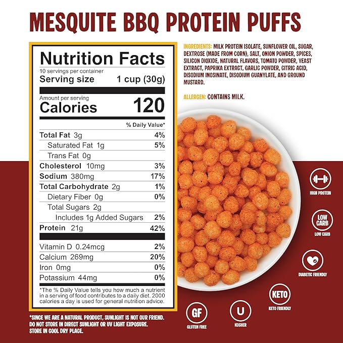 Twin Peaks Protein Puffs - (Mesquite Barbecue), Keto Friendly, Low Carb Snack (300g, 21g Protein, 2g Net Carbs, High Protein, Healthy Crunchy Snack)