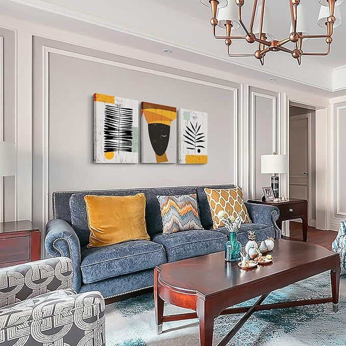 Framed Canvas Wall Art African Ethno Motive Wall Art Set, Abstract Ethno Art, African American Woman Portrait, Black Orange Print, Contemporary Collage, Minimalist (S-3pcs,20x30inchx3pcs)