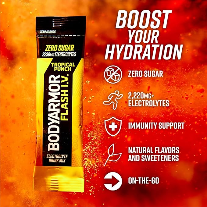 BODYARMOR Flash IV Electrolyte Packets, Tropical Punch - Zero Sugar Drink Mix, Single Serve Packs, Coconut Water Powder (6 Count)