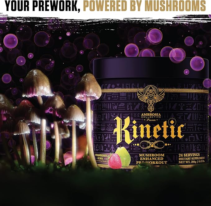 Ambrosia Kinetic Organic Preworkout, Mushroom Enhanced Natural Pre Workout Supplement, Nootropic Superfood Powder for Energy (Strawberry Guava)