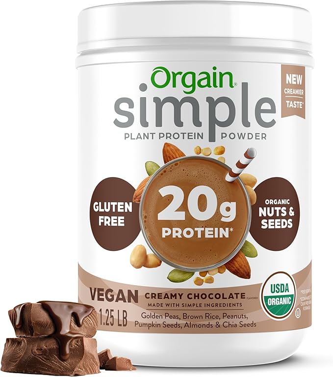 Orgain Organic Simple Vegan Protein Powder, Chocolate - 20g Plant Based Protein, Made with less Ingredients, No Artificial Sweeteners, Gluten Free, No Dairy or Lactose, 1.25 lb (Packaging May Vary)