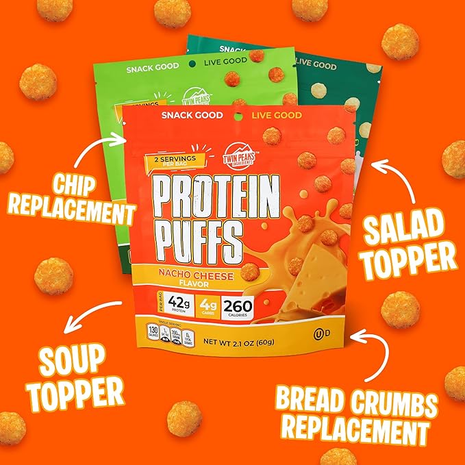 Twin Peaks Low Carb, Keto Friendly Protein Puffs, (Combo Pack, 2.1 Ounce), 2 Servings, 3 Pack (60g, 42g Protein, 4g Carbs)