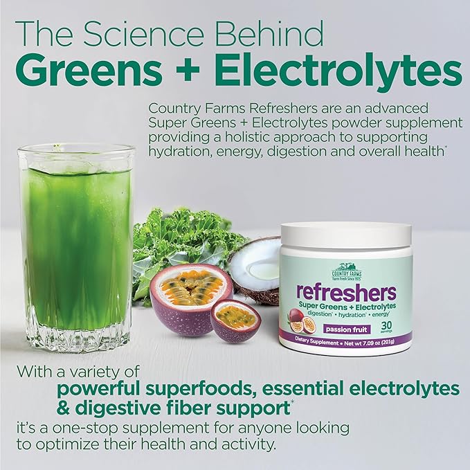 COUNTRY FARMS Refreshers, Super Greens and Electrolytes, Essential Minerals and Superfoods, Hydration Support, Promotes Natural Energy, with Fiber, Passion Fruit, 30 Servings