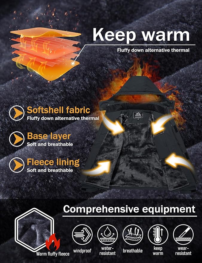 MAGCOMSEN Men's Winter Coats Water Resistant Ski Snow Jacket Warm Fleece Jacket Parka Raincoats With Multi-Pockets