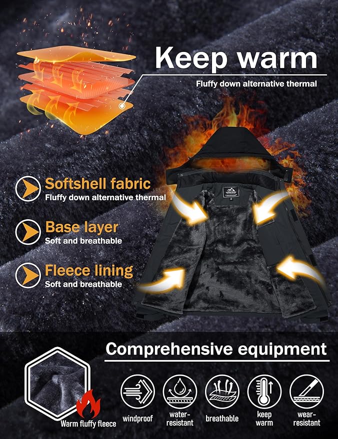 MAGCOMSEN Men's Winter Coats Water Resistant Ski Snow Jacket Warm Fleece Jacket Parka Raincoats With Multi-Pockets