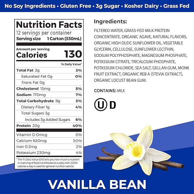 Orgain Clean Protein Shake, Grass Fed Dairy, Vanilla Bean - 20g Whey High Protein, Kosher, Ready to Drink, Low Net Carbs, Gluten Free, No Soy Ingredients, 11 Fl Oz (Pack of 12)