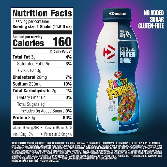 Dymatize Performance Protein Shake, Fruity Pebbles, 30g of Protein, 6.2g BCAA for Muscle Recovery, No Added Sugar, Low Fat, 24 Vitamins and Minerals, Gluten-Free, Ready to Drink, On-the-Go Snack, 11.5fl oz, 12 pack