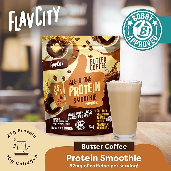 FlavCity Grass Fed Whey Protein Powder - Butter Coffee - 25g Protein, 10g Collagen & 87mg Caffeine - Made with Organic Reishi & Cordyceps - Gluten Free & No Added Sugars (20 Servings)