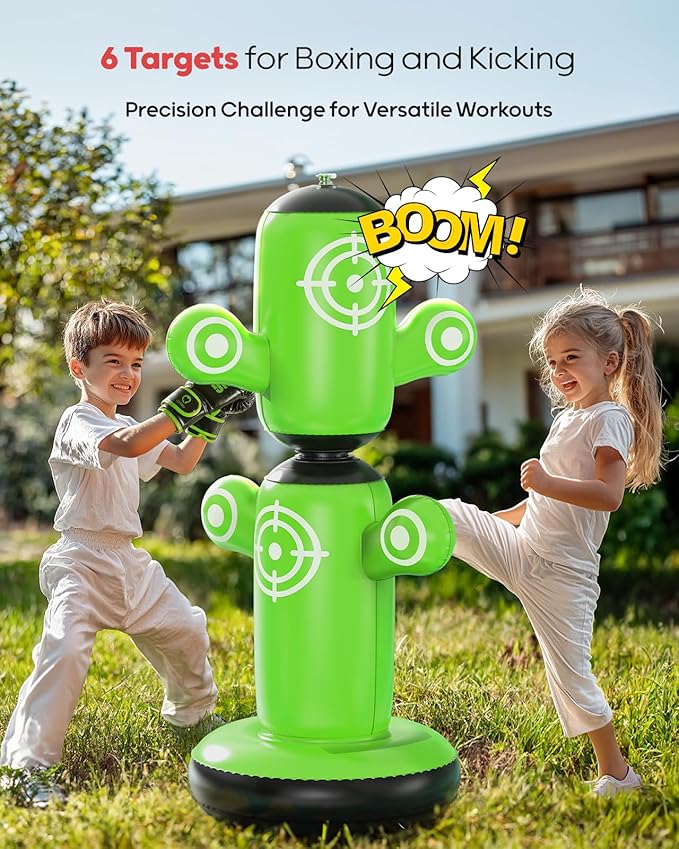 QPAU 360° Rotatable Punching Bag for Kids, Lager 64” Kids Punching Bag with Gloves, Hand Pump & 6 Targets, Bop Bag Inflatable Punching Toy, Karate Gifts for Boys, Girls