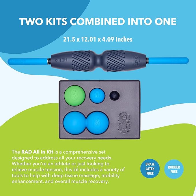 RAD All-in Kit – 7-in-1 Foam Roller Set for Myofascial Release – Includes Massage Roller Stick, Yoga Block, Massage Balls - Muscle Recovery Tools for Mobility & Flexibility