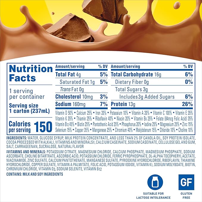 Carnation Breakfast Essentials Light Start Nutritional Drink, 13g Protein Ready-to-Drink, 70% Less Sugar, Immune Support, Vitamins, Gluten Free, Chocolate, 8 FL OZ Carton (24 Pack)