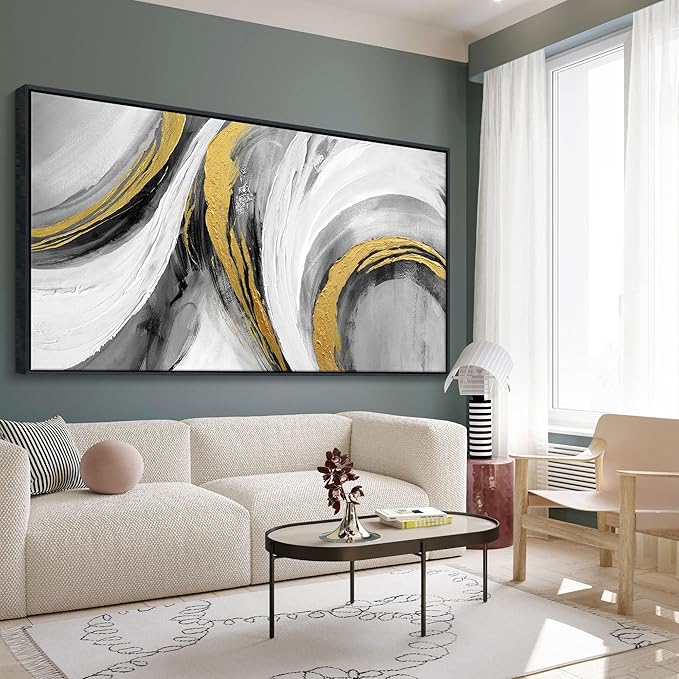 White Gold Wall Art - Abstract Framed Large Size Black White Gold Hand Drawn Textures Artwork Ink Dances With Gold Canvas Painting for Living Room Office Hallway Bed Above Decor 29"X58"