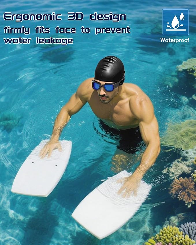 Swim Goggles, Goggles Adult with Swimming Cap, Nose Clip & Ear Plugs, UV Protection Anti-Fog Lens and Case for Adult