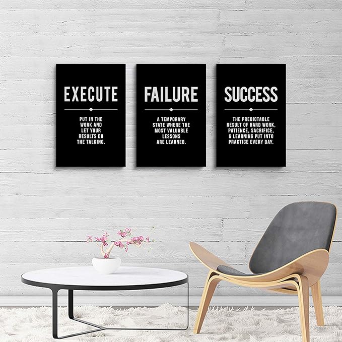 Framed Canvas Wall Art Success Quote, Office Wall Art, Black Large Poster, Positive Motivational Set of 3 Prints, Execute Failure Definition, Inspirational Print (A-3pcs,16x24inchx3pcs)