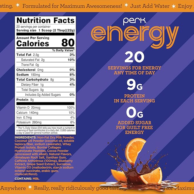 Perk Energy Original Chocolate Orange Flavored (20 Servings) - Gluten Free, Soy Free and Peanut Free